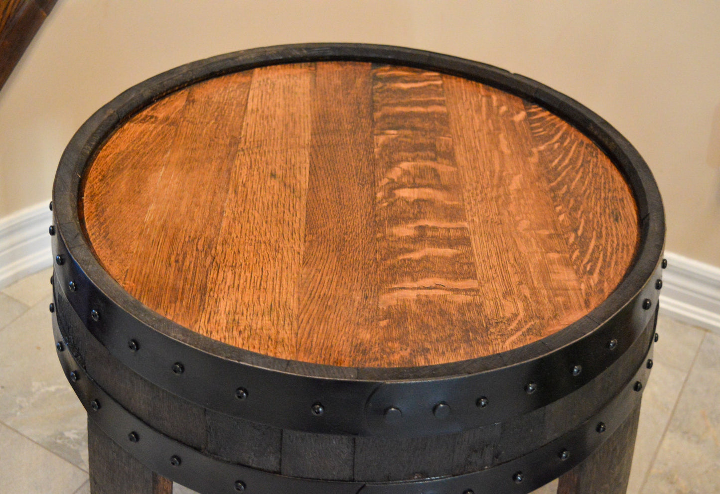 Handcrafted Whiskey Barrel Rustic Coffee Table - Farmhouse Style - Red Oak Barrel Furniture