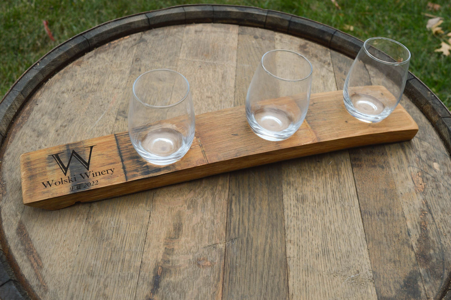 Personalized Wine Flights Made From Recycled Barrel Staves - 3 glasses included - Laser Engraved / Custom Engraved