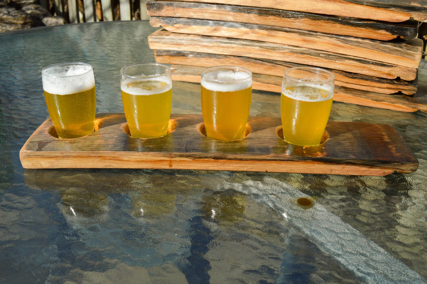 Rustic Beer Tasting Flight Board - Handcrafted from Whiskey Staves - Glasses Included