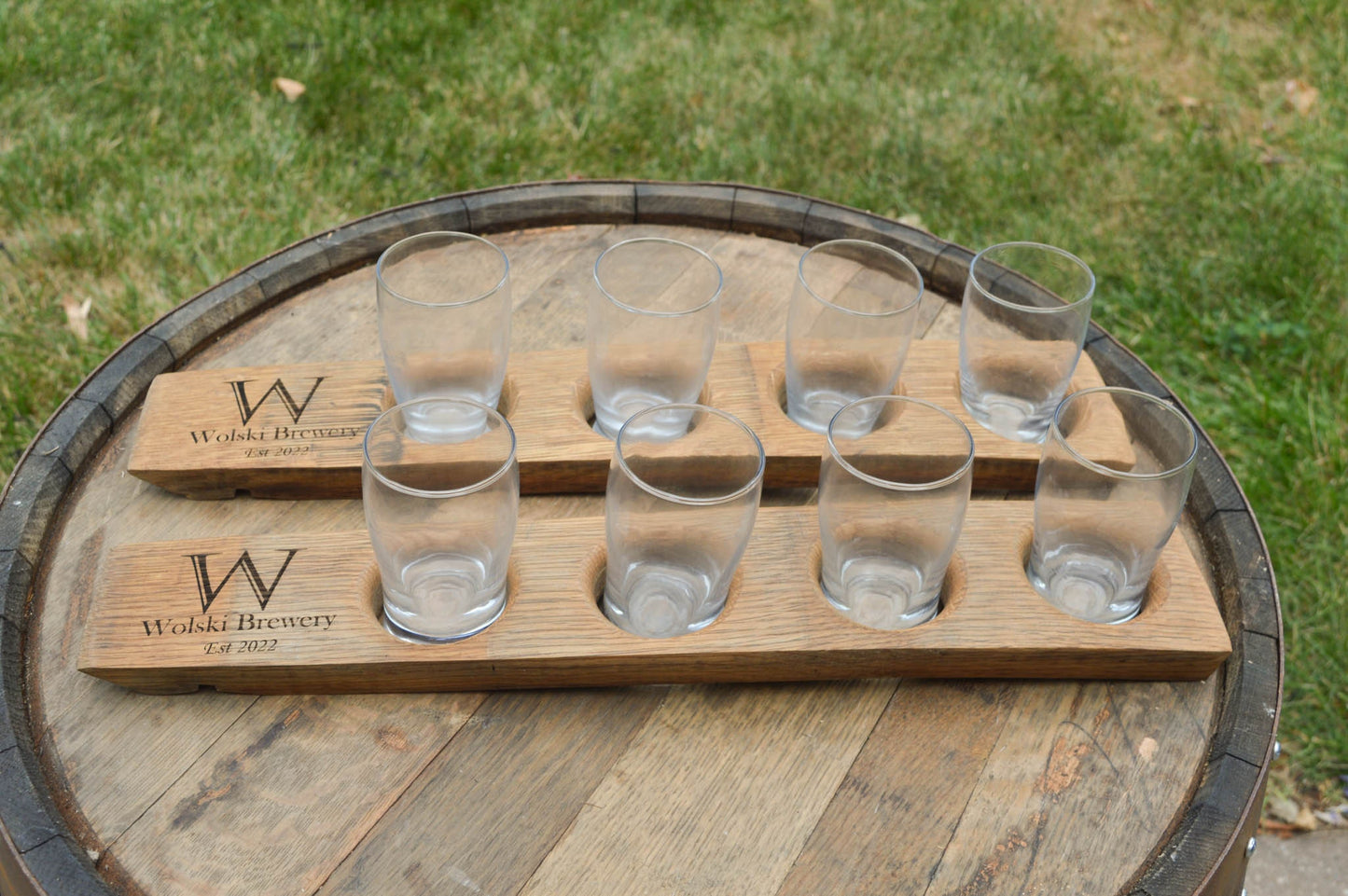 Personalized Beer Flights With Glasses Made From Recycled Wine Barrel Staves - Laser Engraved - Beer Flights Sets -  Beer Trays - Custom -