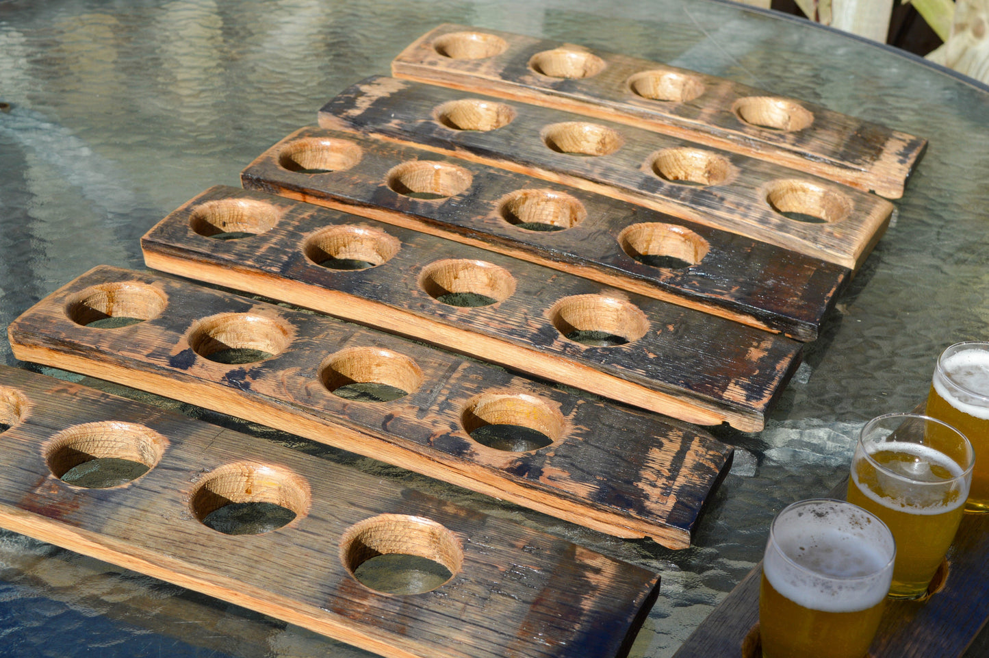 Rustic Beer Tasting Flight Board - Handcrafted from Whiskey Staves - Glasses Included