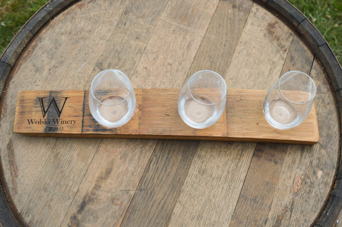 Personalized Wine Flights Made From Recycled Barrel Staves - 3 glasses included - Laser Engraved / Custom Engraved