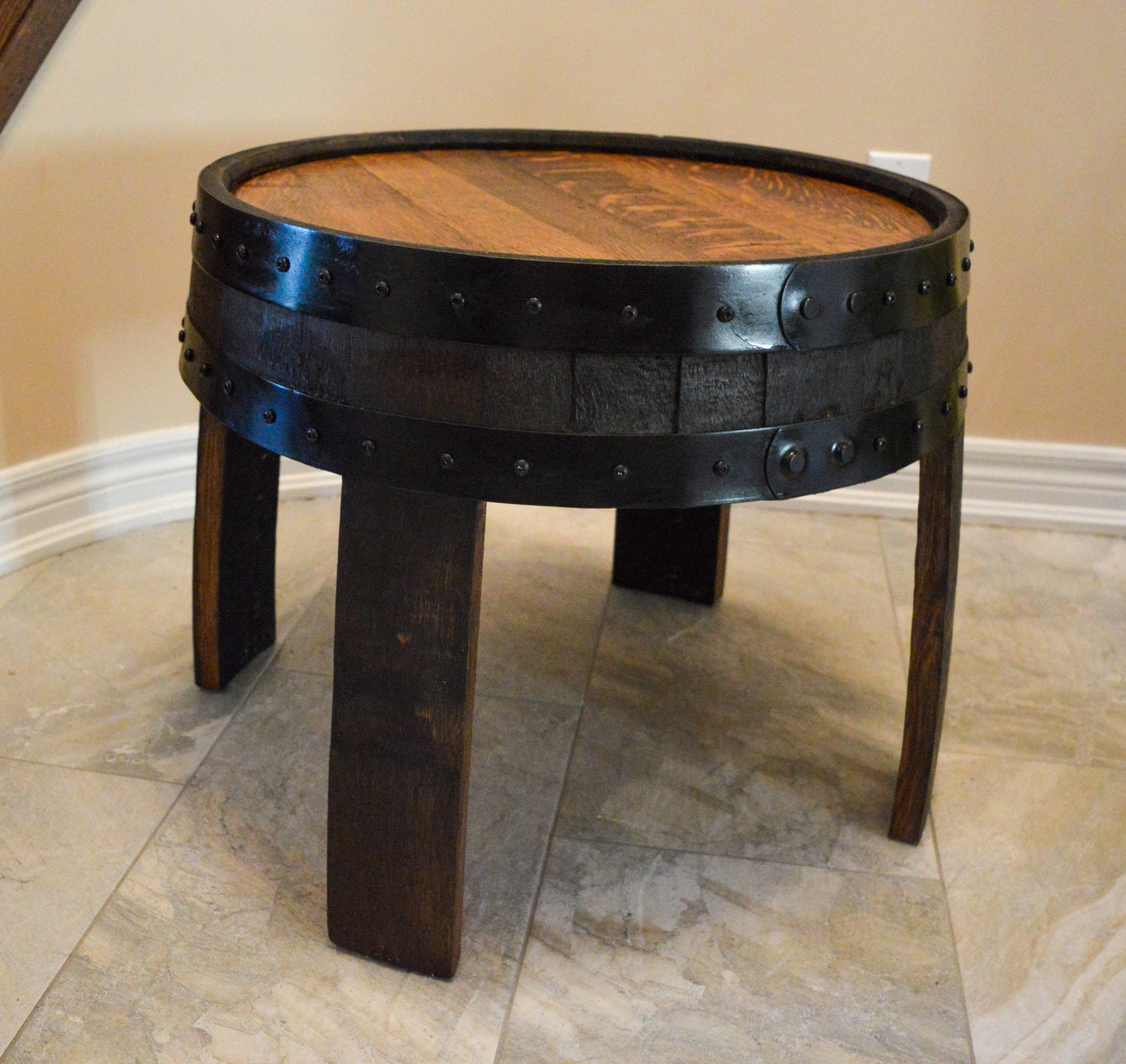 Handcrafted Whiskey Barrel Rustic Coffee Table - Farmhouse Style - Red Oak Barrel Furniture