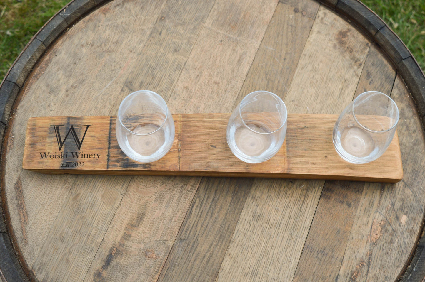 Personalized Wine Flights Made From Recycled Barrel Staves - 3 glasses included - Laser Engraved / Custom Engraved