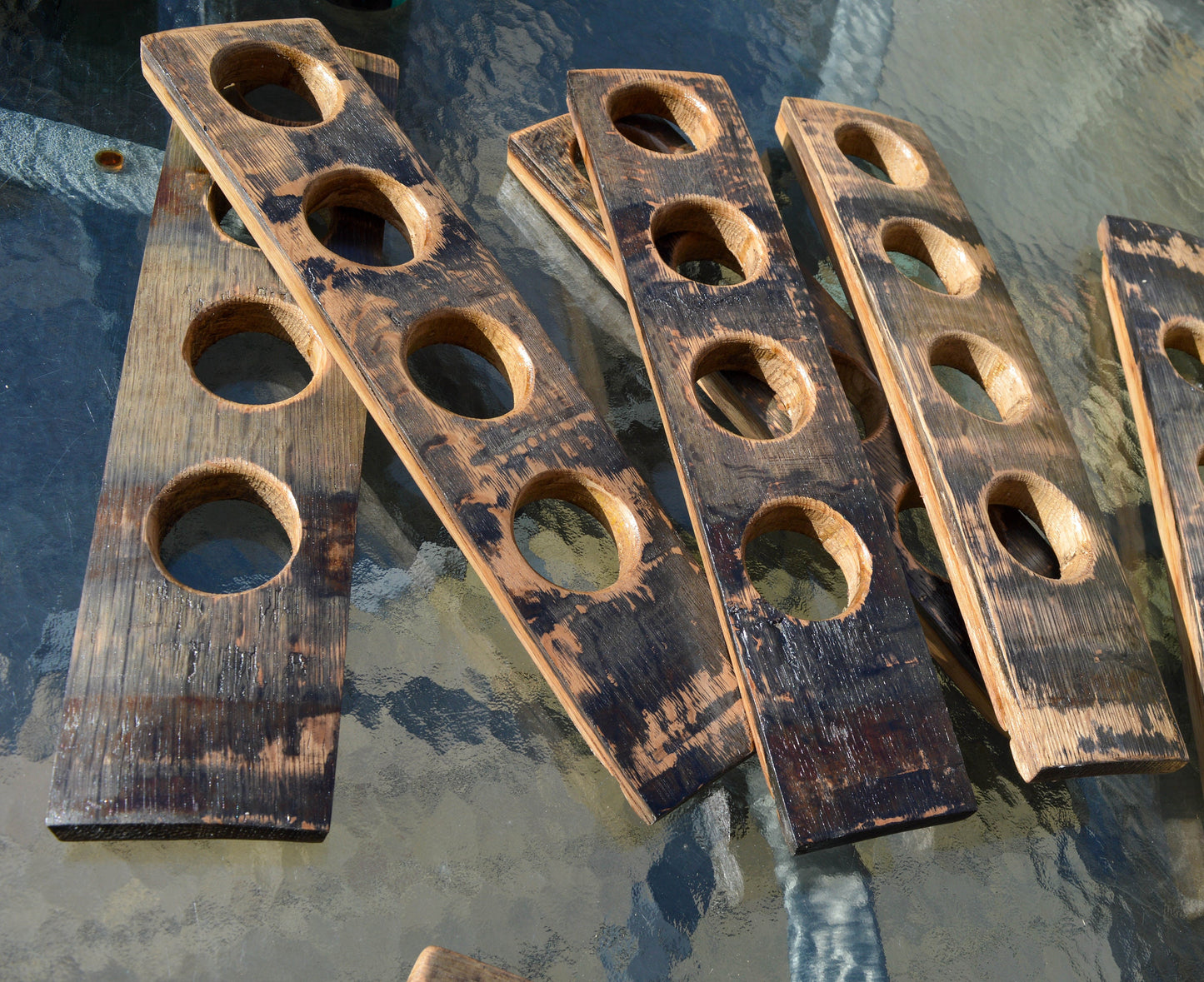 Rustic Beer Tasting Flight Board - Handcrafted from Whiskey Staves - Glasses Included