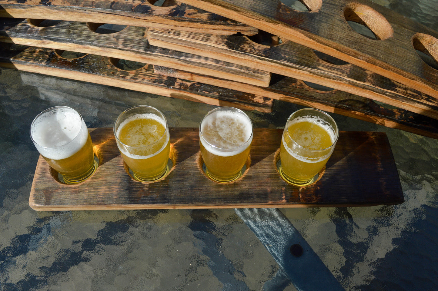 Rustic Beer Tasting Flight Board - Handcrafted from Whiskey Staves - Glasses Included