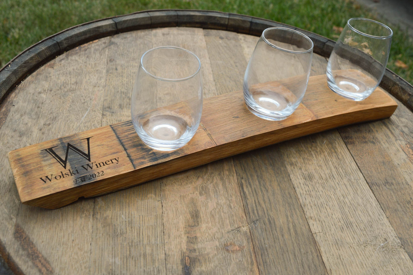 Personalized Wine Flights Made From Recycled Barrel Staves - 3 glasses included - Laser Engraved / Custom Engraved