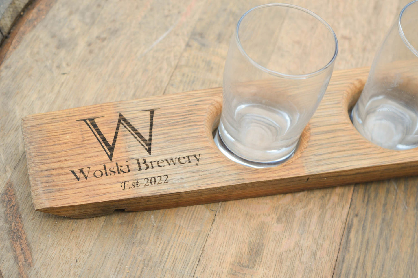 Personalized Beer Flights With Glasses Made From Recycled Wine Barrel Staves - Laser Engraved - Beer Flights Sets -  Beer Trays - Custom -