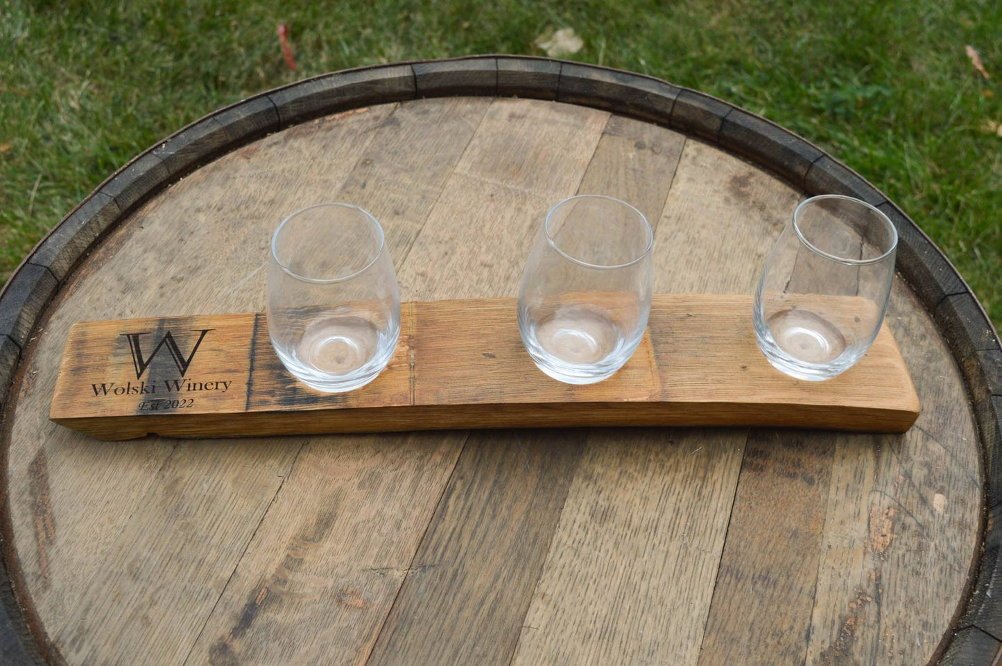 Personalized Wine Flights Made From Recycled Barrel Staves - 3 glasses included - Laser Engraved / Custom Engraved