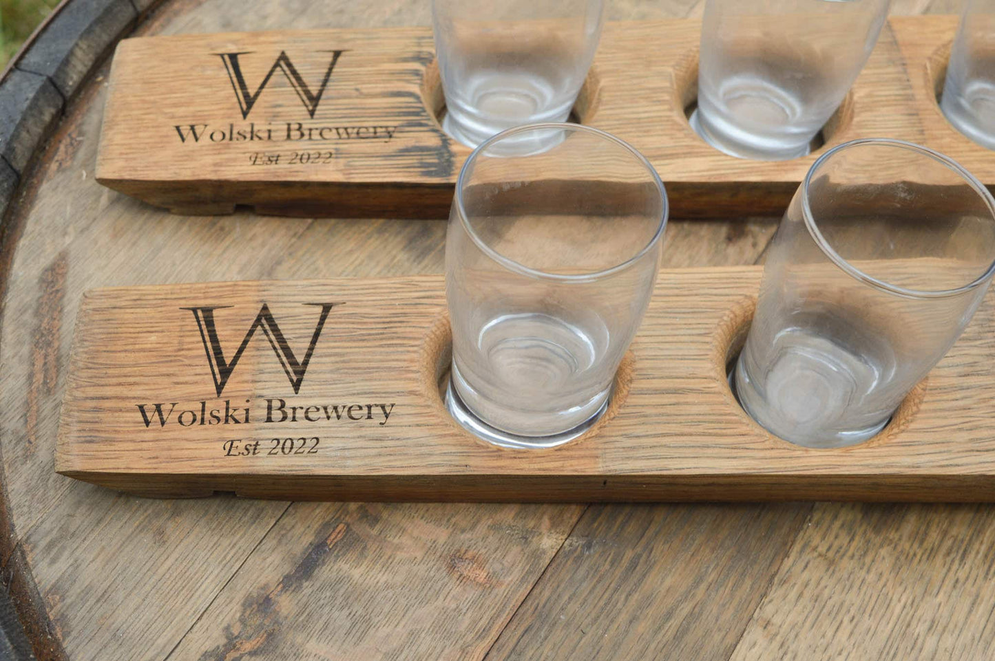 Personalized Beer Flights With Glasses Made From Recycled Wine Barrel Staves - Laser Engraved - Beer Flights Sets -  Beer Trays - Custom -