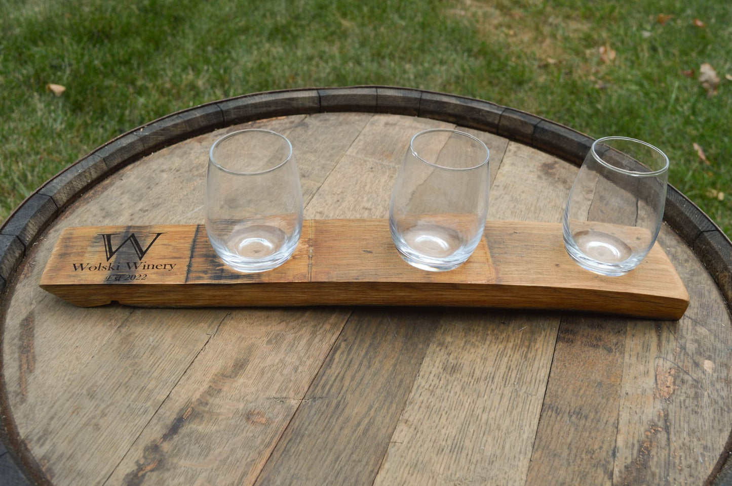 Personalized Wine Flights Made From Recycled Barrel Staves - 3 glasses included - Laser Engraved / Custom Engraved