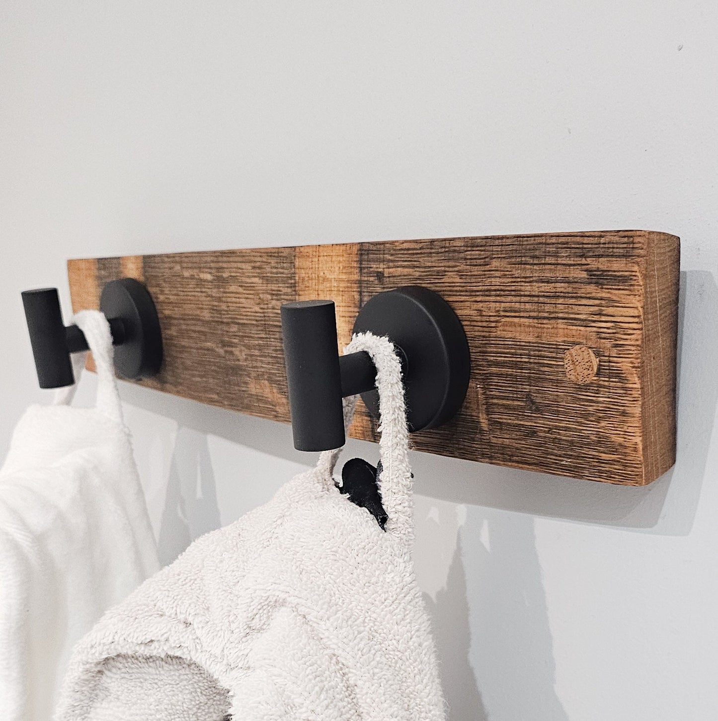 Double Towel Robe Rack - Made From Wine Barrel Stave Brushed With Nickel Hangers