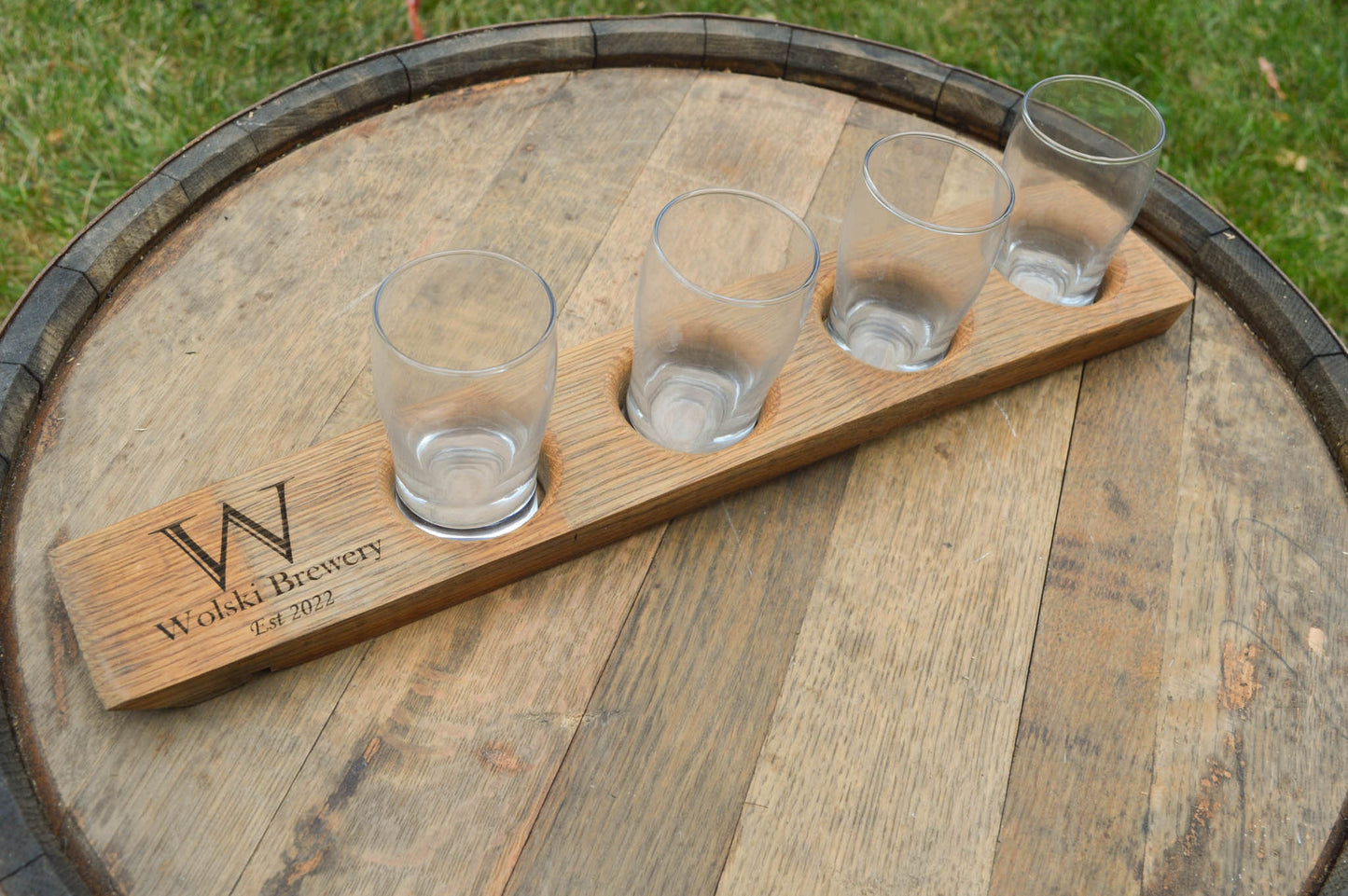 Personalized Beer Flights With Glasses Made From Recycled Wine Barrel Staves - Laser Engraved - Beer Flights Sets -  Beer Trays - Custom -