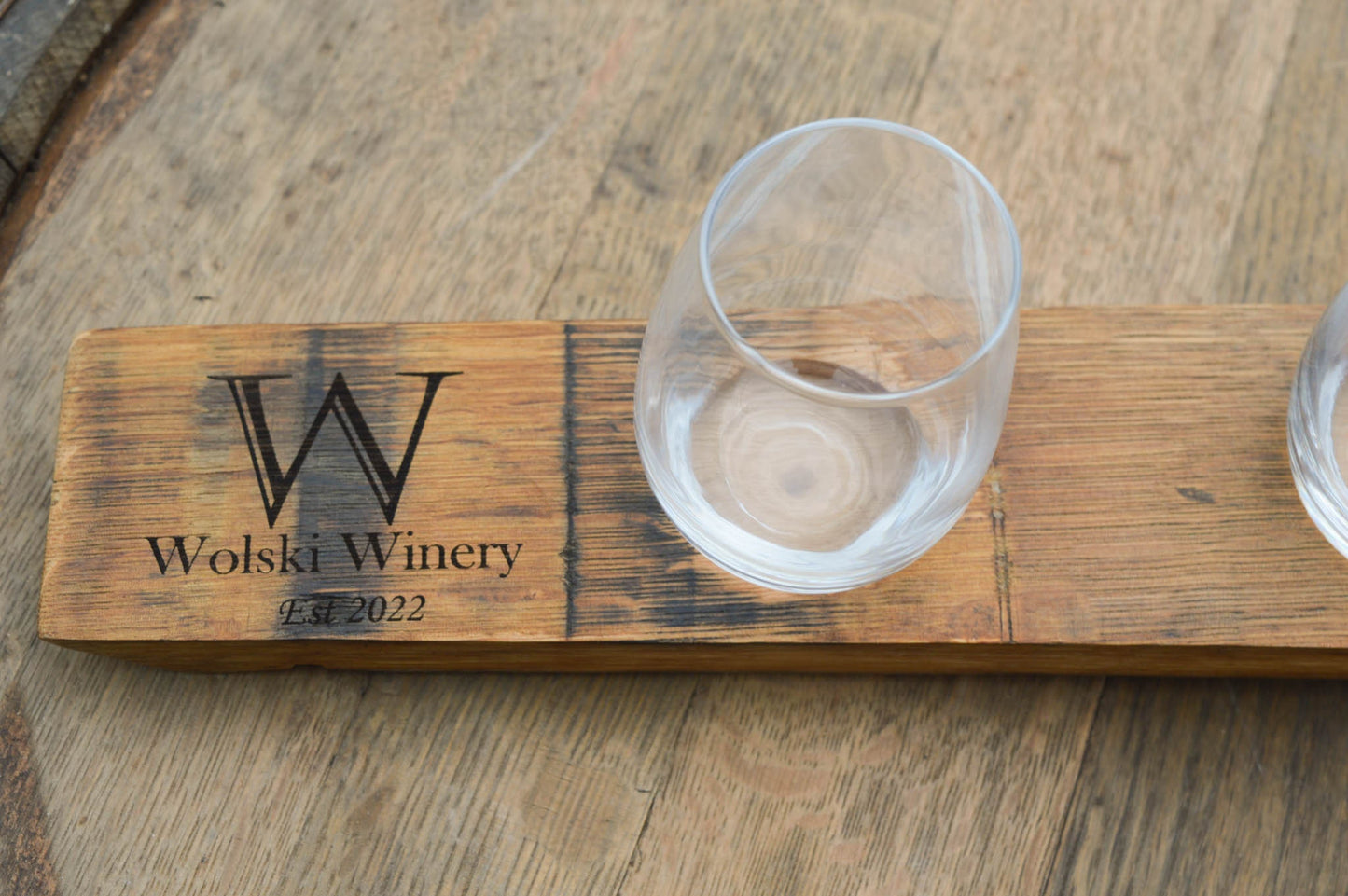 Personalized Wine Flights Made From Recycled Barrel Staves - 3 glasses included - Laser Engraved / Custom Engraved