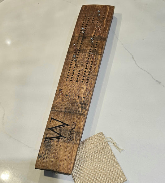 Cribbage Board Made From Wine Barrel Staves - 2 track - 8 pegs included