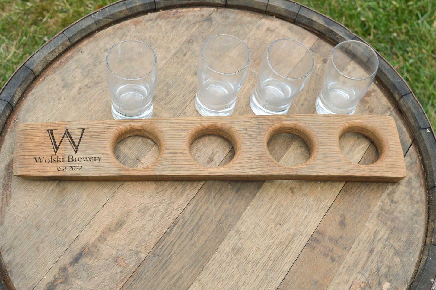 Personalized Beer Flights With Glasses Made From Recycled Wine Barrel Staves - Laser Engraved - Beer Flights Sets -  Beer Trays - Custom -