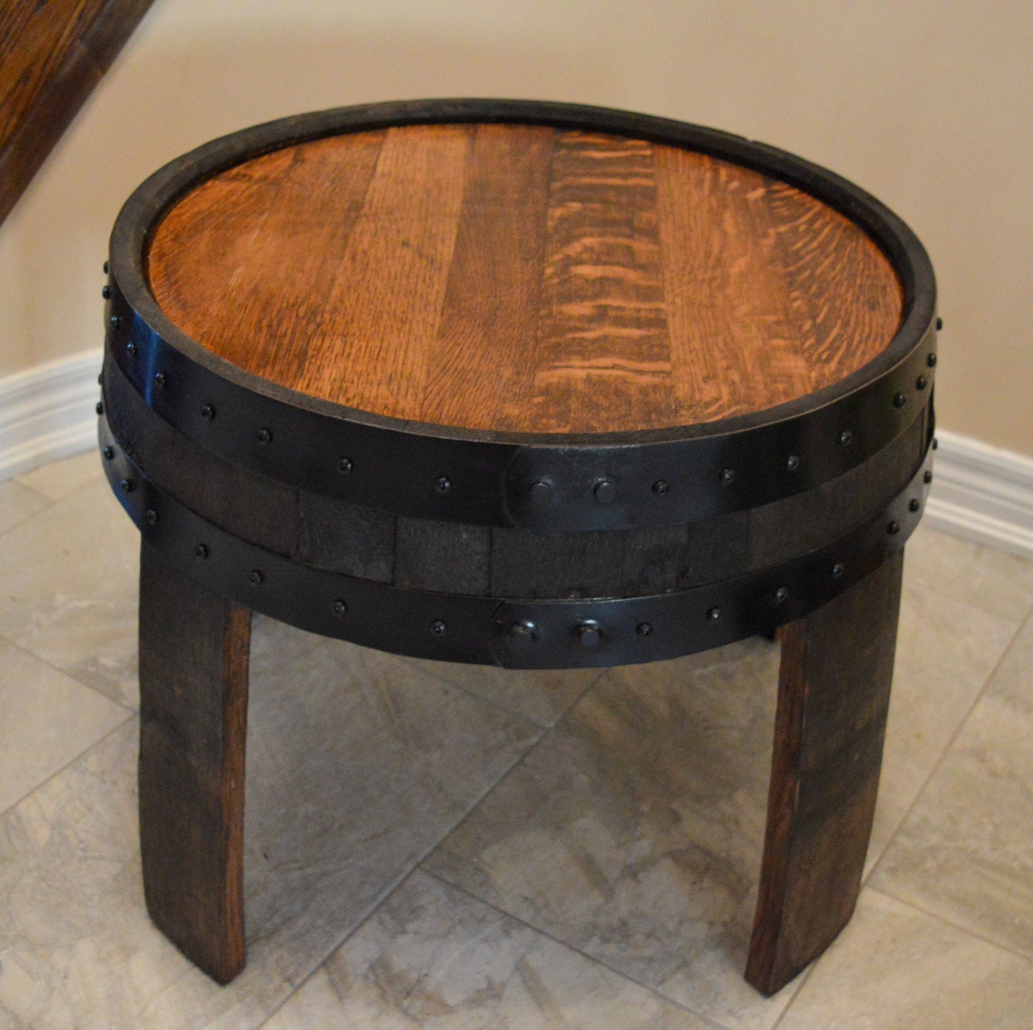 Handcrafted Whiskey Barrel Rustic Coffee Table - Farmhouse Style - Red Oak Barrel Furniture