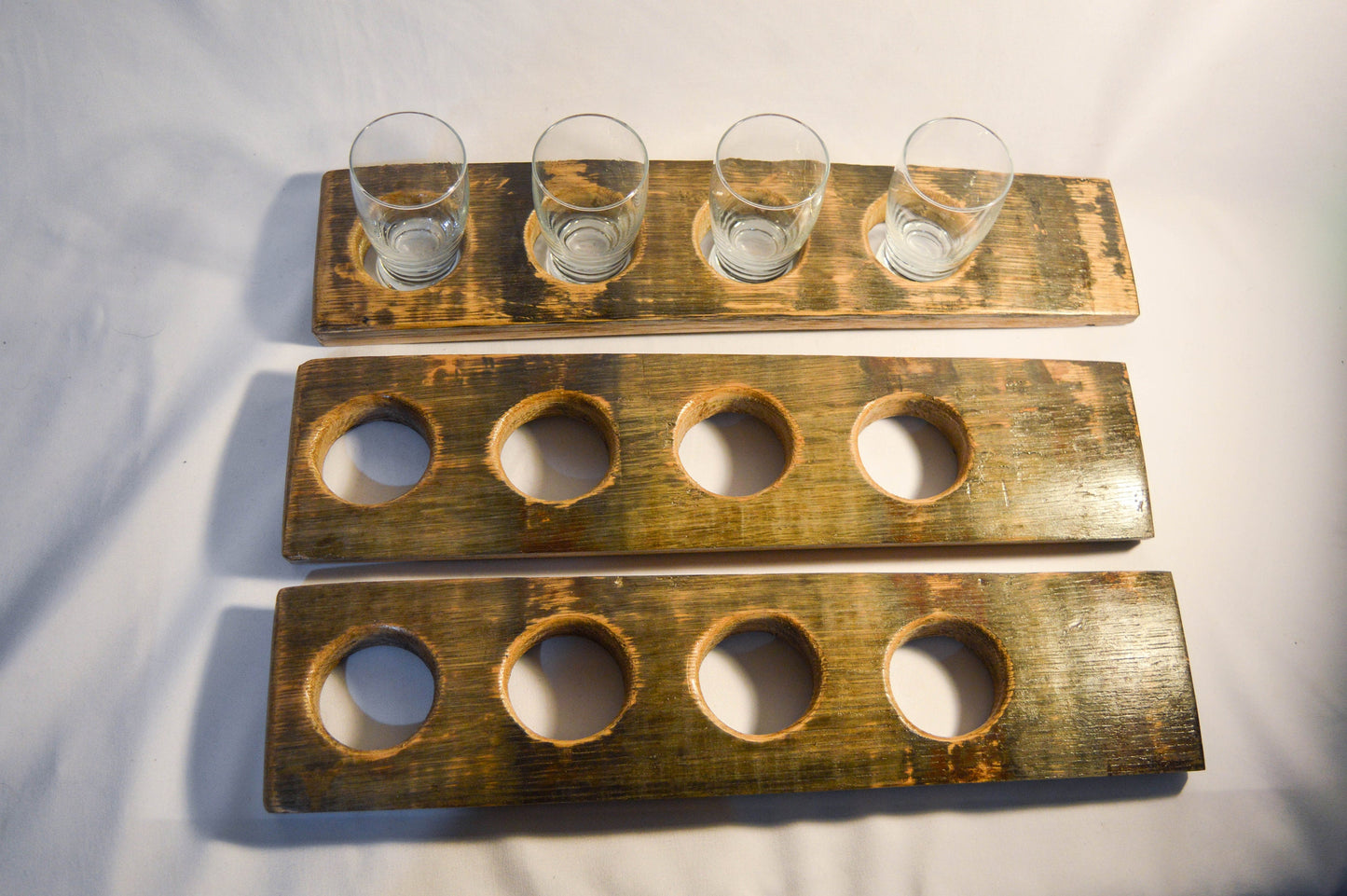 Rustic Beer Tasting Flight Board - Handcrafted from Whiskey Staves - Glasses Included