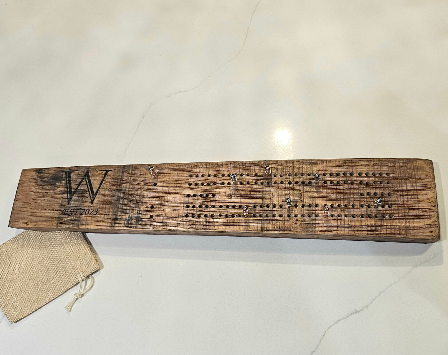 Cribbage Board Made From Wine Barrel Staves - 2 track - 8 pegs included