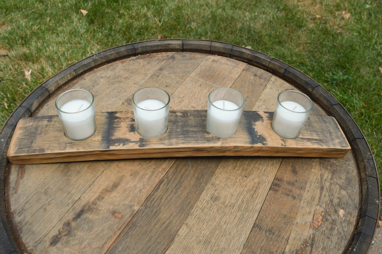 Votive Candle Holder | Made From Wine Barrel Staves | Farmhouse Rustic Candle |  4 Candles Included