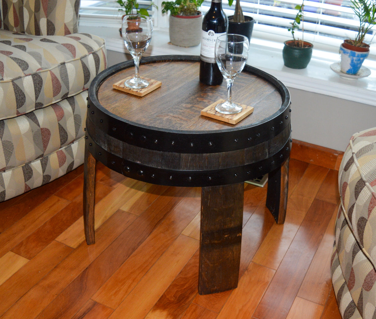 Handcrafted Whiskey Barrel Rustic Coffee Table - Farmhouse Style - Red Oak Barrel Furniture